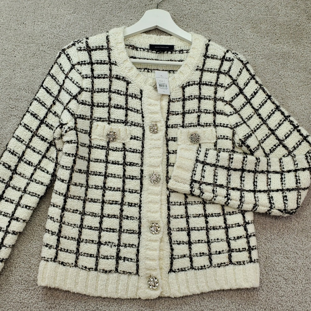 Ann Taylor Boucle Cardigan Womens‎ XS Cream Black Plaid Chunky Knit Rhinestone